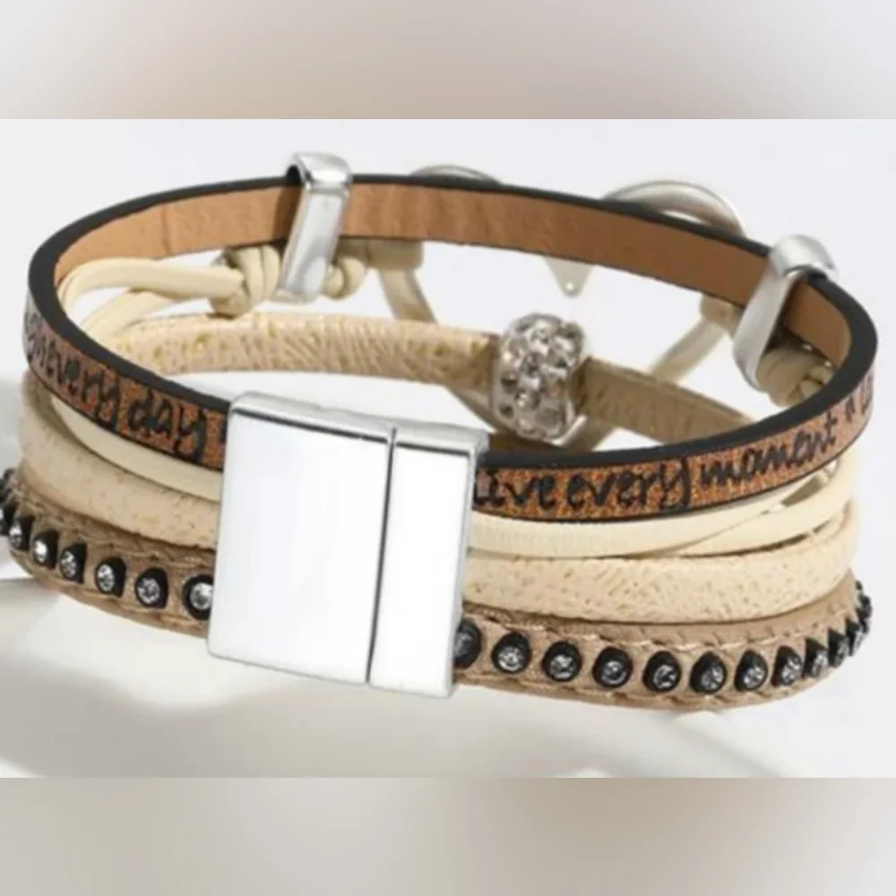 Brown And Tan Heart Charm‎ Leather Magnetic Gift Christmas Bracelet -(#0275)